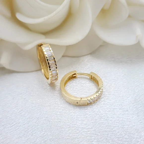 Solid 14k Gold Baguette CZ Huggies Earrings- 16mm